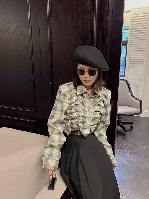 [TS] Autumn retro Hong Kong style waist-waisted pleated plaid shirt Q18015# CQW