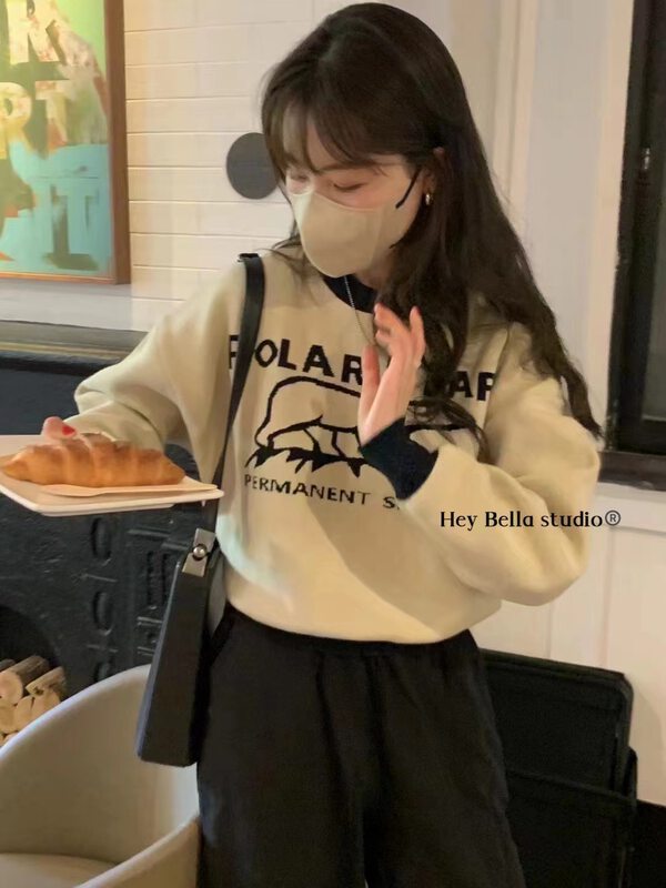 【HEY BELLA】Letter Contrast Lazy Wind Retro Warm Sweater 9598# L