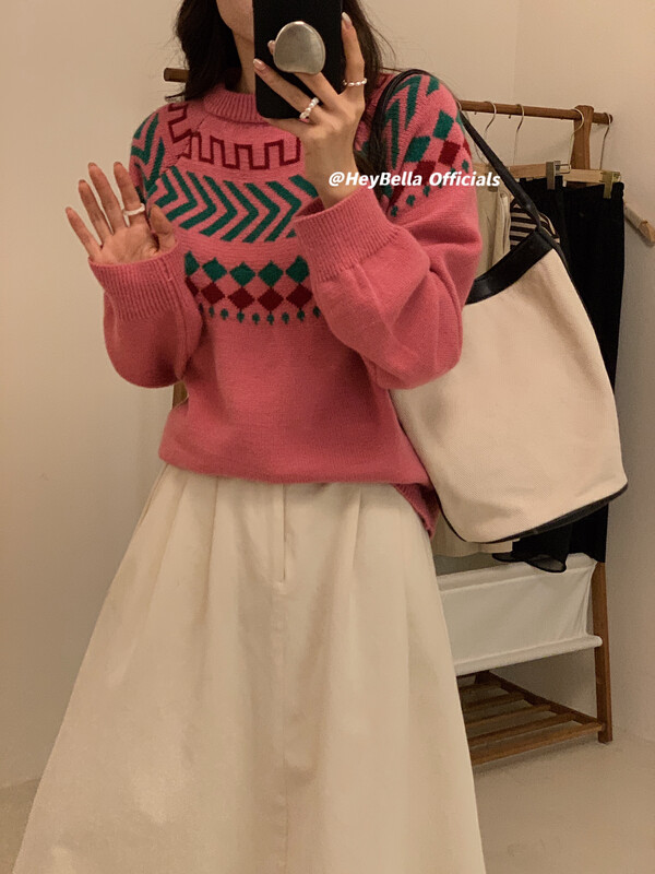 New in winter! [HEY BELLA] Retro jacquard round neck warm sweater 9540# L