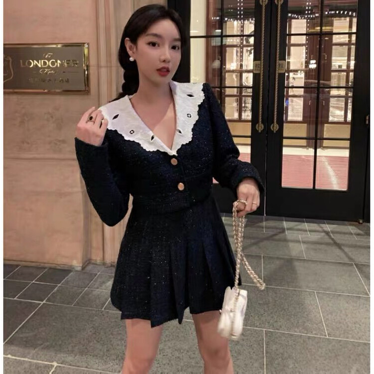 【L.L STUDIO】Little Fragrant Lace Collar Short Jacket + Pleated Skirt Set (with removable collar) 78244# PCZ