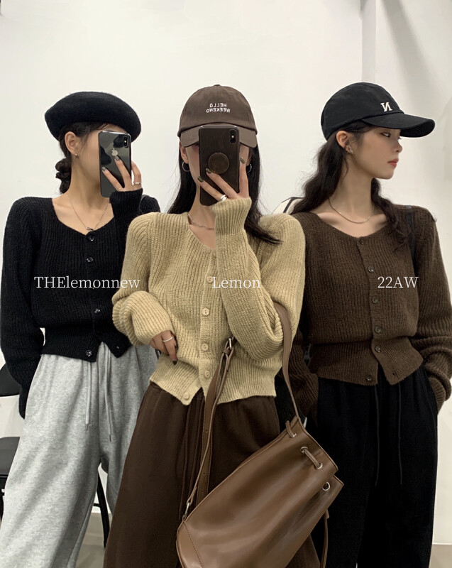 [Lemon Green Tea] Square Neck Short Solid Color Sweater Cardigan Knitwear 00-208