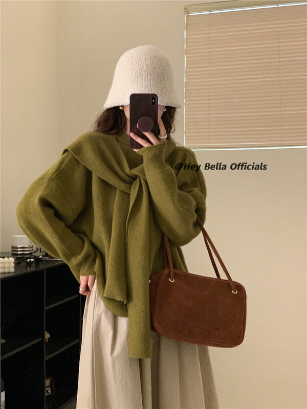 New in autumn! [HEY BELLA] round neck clean comfortable all-match warm sweater (with shawl) B9278# L