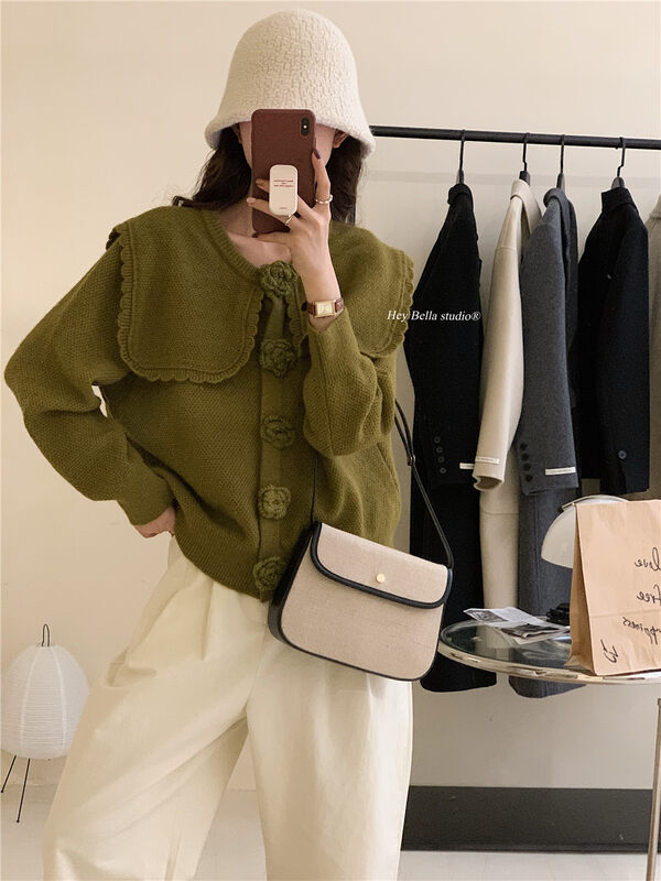 【HEY BELLA】Large lapel single-breasted solid color comfortable warm sweater B9662# L