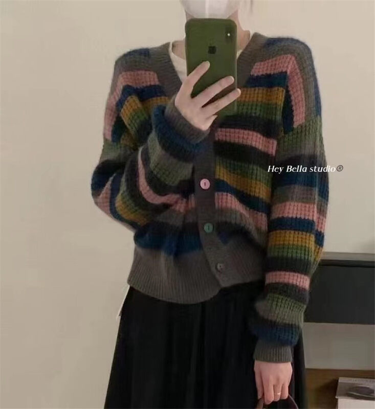 New in winter!【HEY BELLA】Striped single-breasted loose warm sweater B9601# L