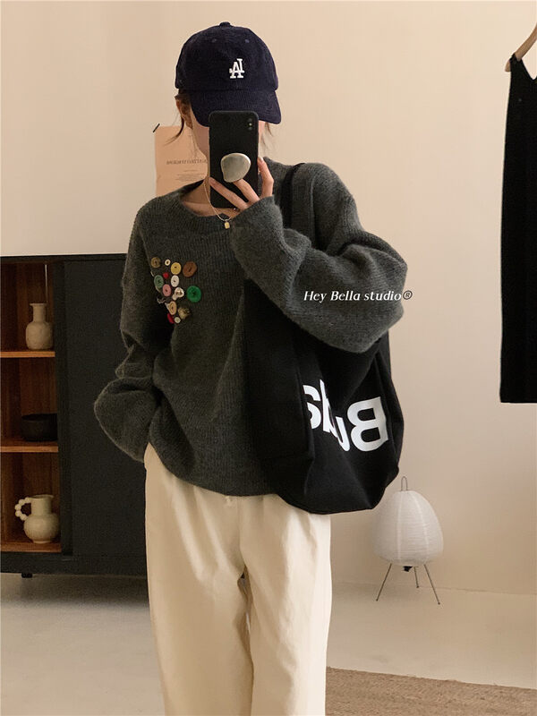 New in autumn! [HEY BELLA] Heavy Industry Button Comfortable All-match Warm Sweater B9392# L