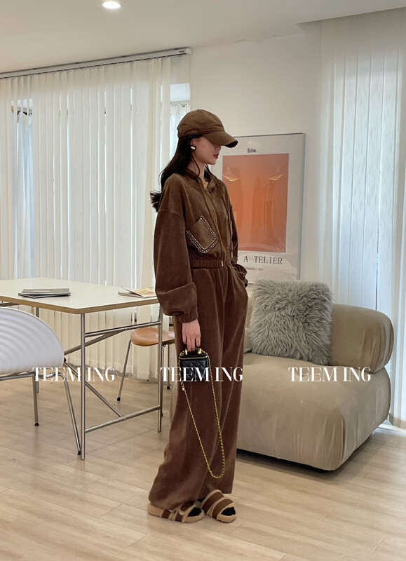 New for winter!  【TEEM ING】Korean Small Fragrance Jacket + Straight Wide Leg Casual Pants Set 22T902# HJY