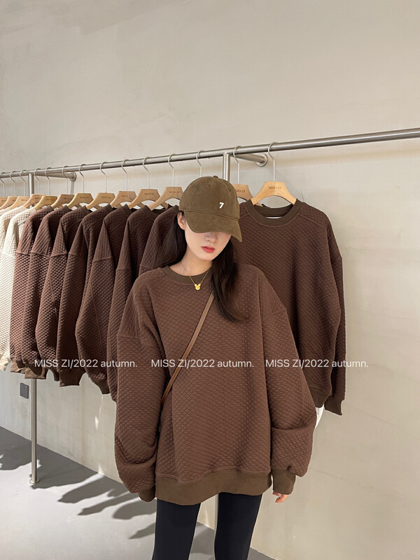 【MISS ZI】Korean style autumn all-match waffle solid color loose fleece sweater 3097# CQW