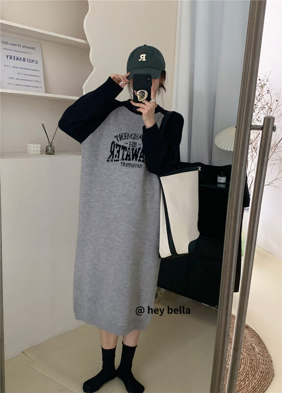 New in autumn! [HEY BELLA] Letter Print Comfortable Round Neck Casual Dress B5706# L