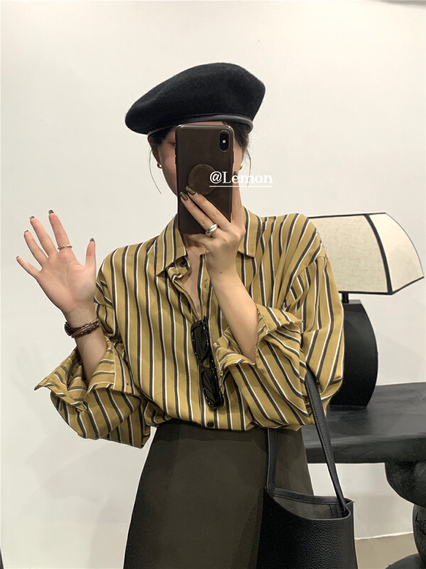 [Lemon Green Tea] Loose Retro Striped Long Sleeve Shirt 2512