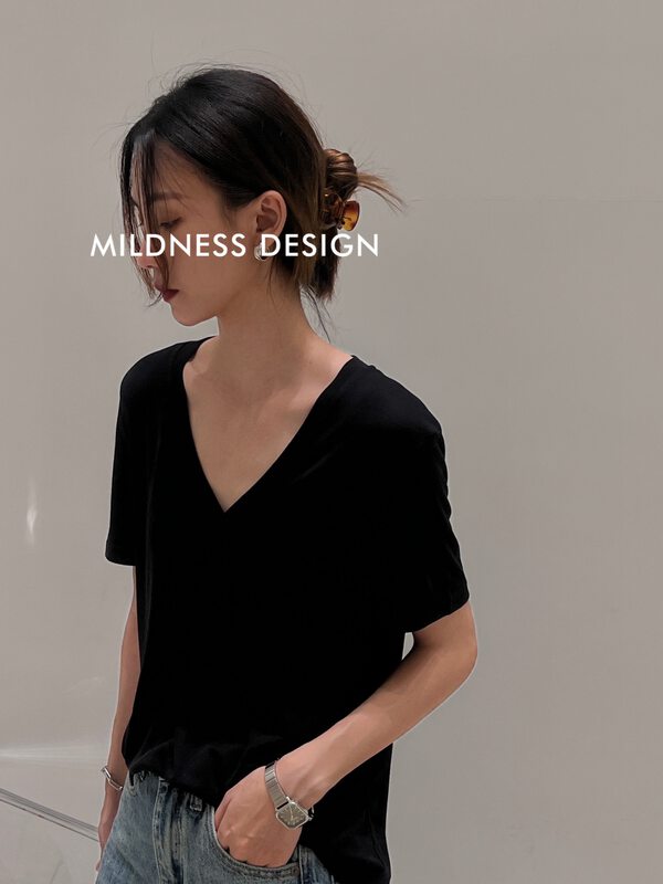 [MILDNESS] Ice silk skin-friendly V-neck simple and comfortable mask short-sleeved T-shirt C03# ZJY