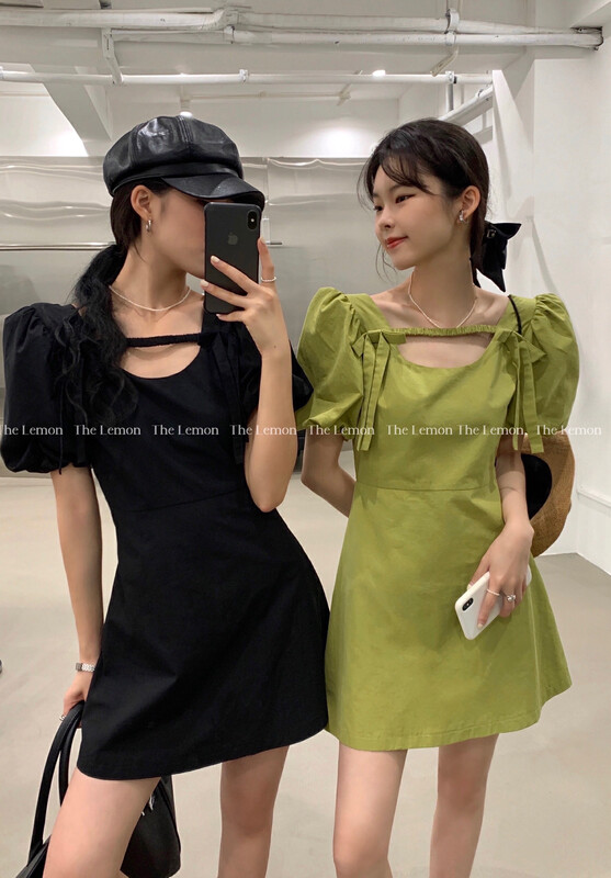 [Lemon Green Tea] Korean Style Square Neck Puff Sleeve Dress 2309