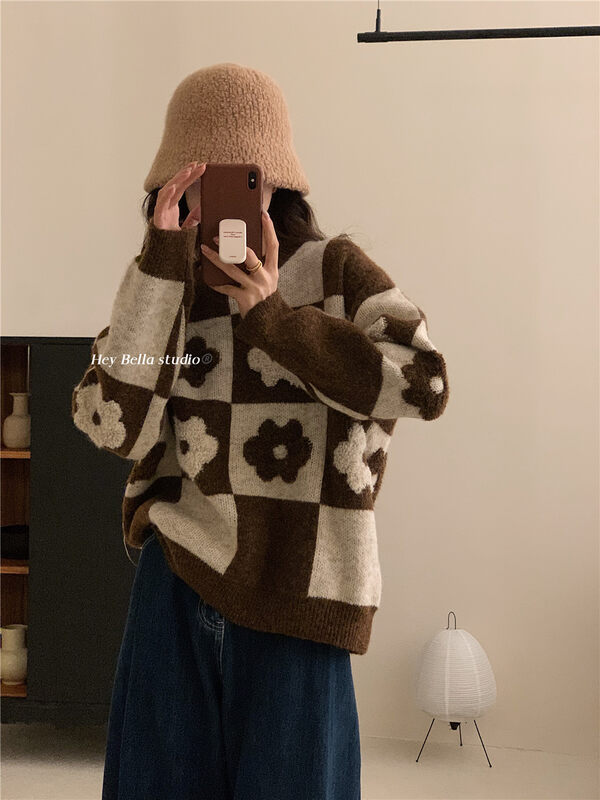 New in winter! [HEY BELLA] plaid round neck flower comfortable pullover warm sweater B9547# L