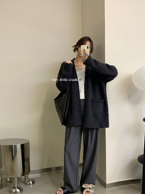 【HEY BELLA】Solid Color Lazy Wind Loose Cardigan Warm Sweater 9605# L