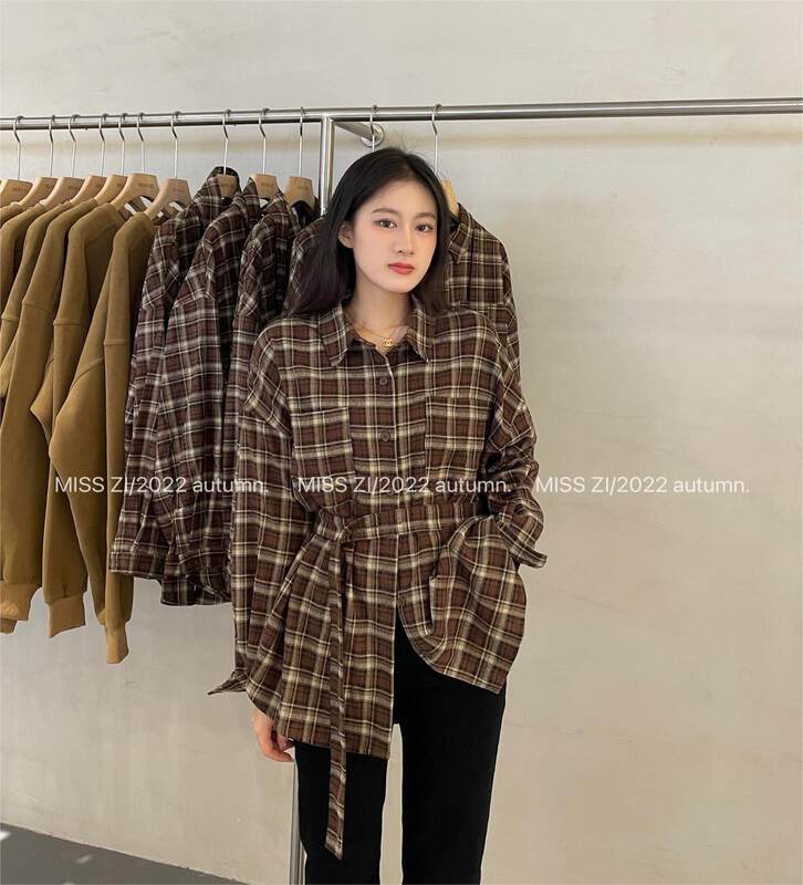 【MISS ZI】Korean Autumn Casual All-match Plaid Belt Shirt (with Belt) 3352# CQW