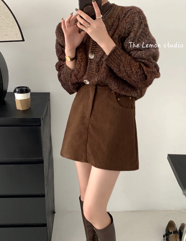 [Lemon Green Tea] Retro Striped Velvet High Waist Skirt 2529