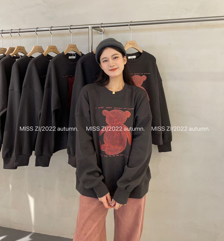 【MISS ZI】Fall casual all-match bear pattern solid color round neck pullover sweater 3320# CQW