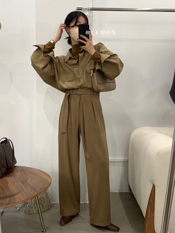 【Lemon Green Tea】High waist design loose straight wide leg trousers (with belt) W136# FHX