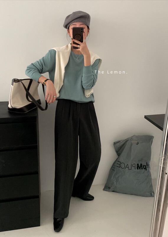 [Lemon Green Tea] Popular Solid Color Lazy Loose Round Neck Knit Sweater 99-031