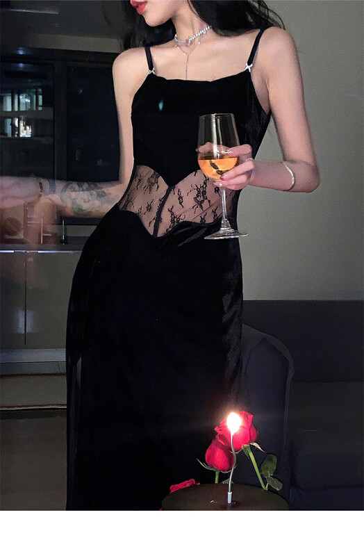 【L.L STUDIO】Pure Desire Velvet Patchwork Lace Sling Slit Dress 78428# PCZ