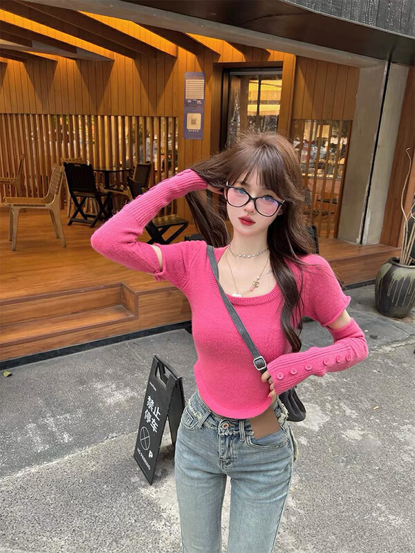 Autumn is new! [BY] Design solid color slim short knitted sweater (with sleeves) 7517# HJY