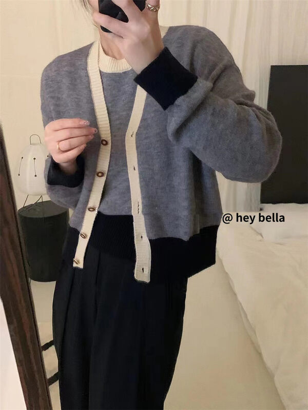 New in autumn! [HEY BELLA] V-neck single-breasted knitted cardigan + comfortable color-blocking vest suit B5702# L