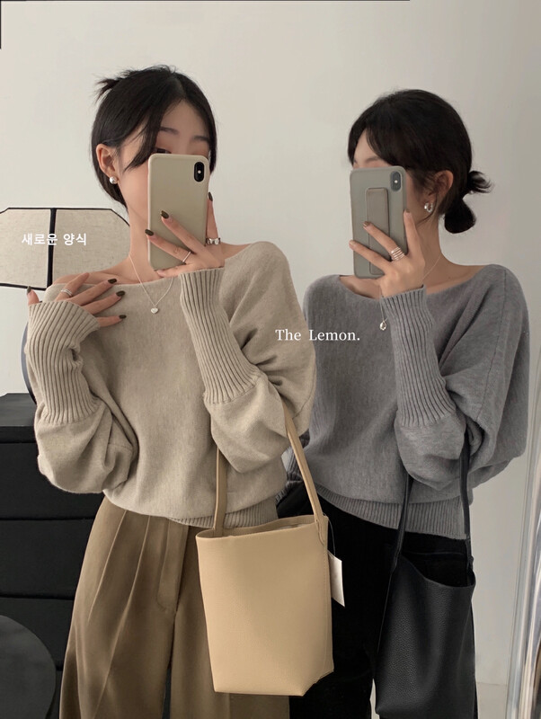 [Lemon Green Tea] Korean style chic one-shoulder Western-style loose sweater KK-069