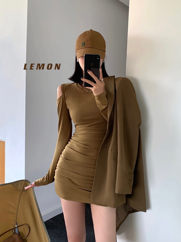 【Lemon Green Tea】Korean chic round neck pleated dress 2331# FHX