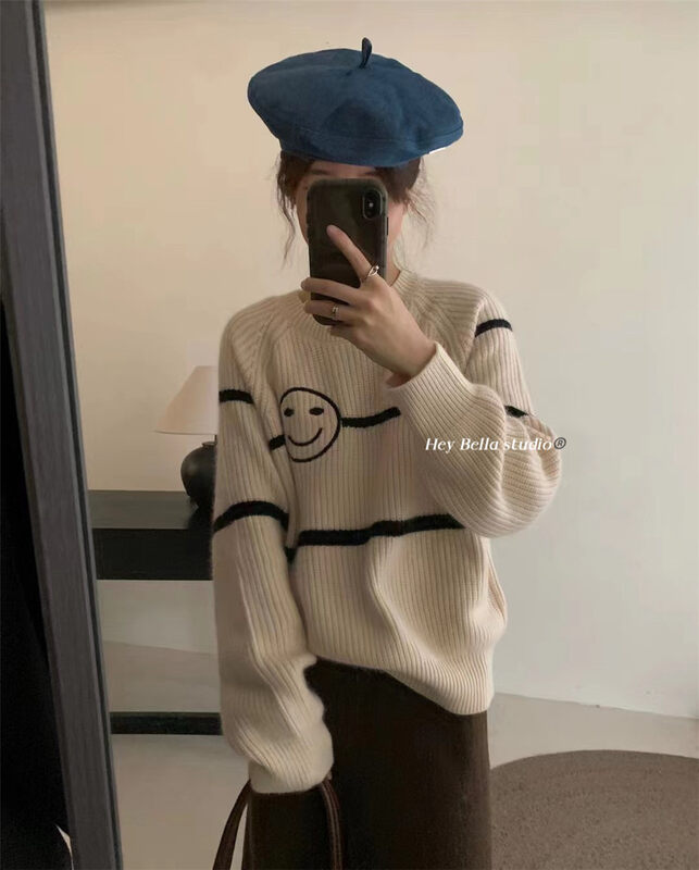 New in winter! [HEY BELLA] round neck smiley comfortable pullover warm sweater B9621# L