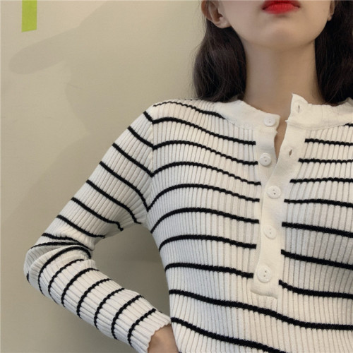 Korean style striped button knitted sweater women's bottoming outer wear slim slim knitted sweater