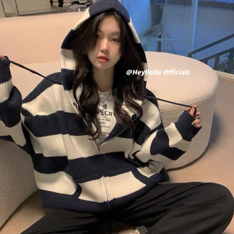 New in autumn!【HEY BELLA】Korean loose striped knitted cardigan 9227# L