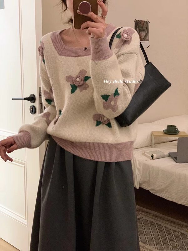 【HEY BELLA】Square collar Korean loose warm sweater 9567# L