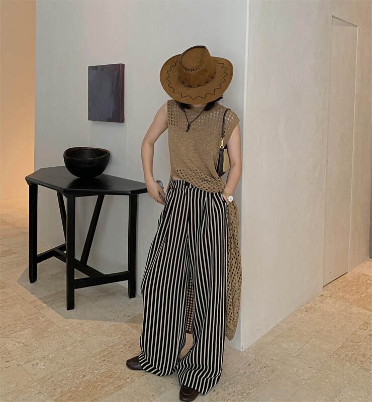 【TS】Black Striped Wide Leg Pants Loose High Waist Casual Pants Q27001# CQW