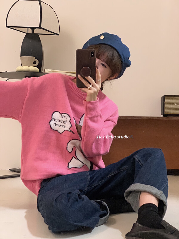 【HEY BELLA】Cartoon Loose Western Style Casual Warm Sweater 9582# L