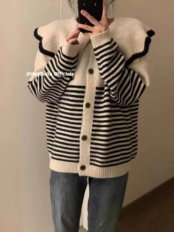 【HEY BELLA】All-match striped single-breasted warm sweater 9595# L