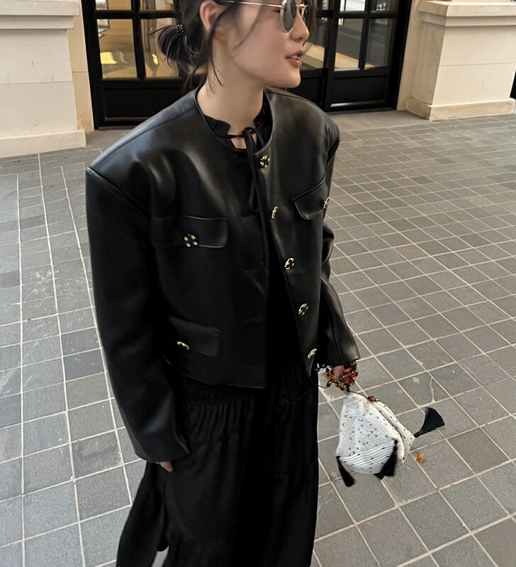 【UNITY】Temperament black motorcycle suit top women's retro short jacket leather jacket Q18007# CQW