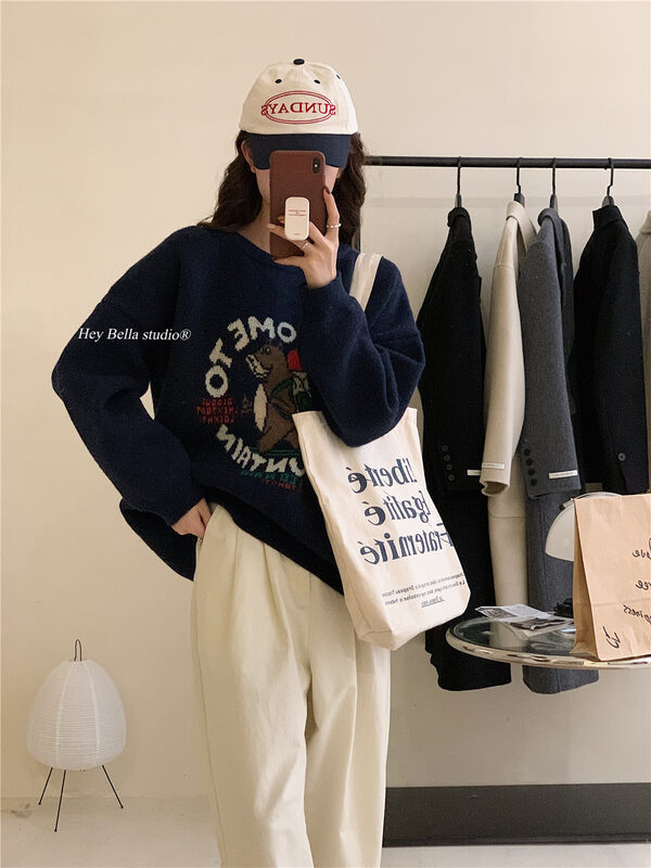 New in winter! [HEY BELLA] round neck pattern comfortable all-match pullover warm sweater B9667# L