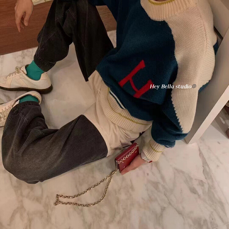 【HEY BELLA】Round Neck Pullover Colorblock Casual Warm Sweater 5709# L
