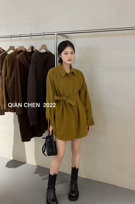 【MISS ZI】2022 autumn Korean temperament slim belt shirt (with belt) 3072# CQW
