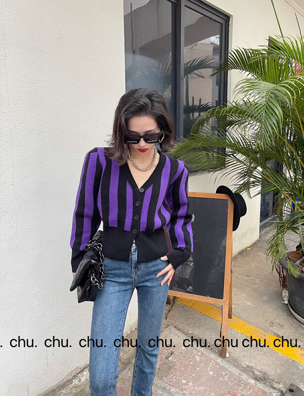 [C.X Initial Heart] Korean Style Striped Knit Cardigan C529# WTT
