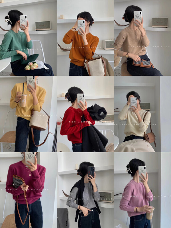 [Lemon green tea] chic Korean version of the round neck solid color sweater knitted sweater YS2-77-62