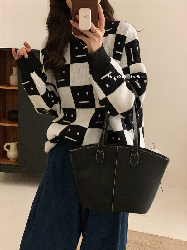 New in winter! [HEY BELLA] round neck plaid pullover comfortable warm sweater B9557# L