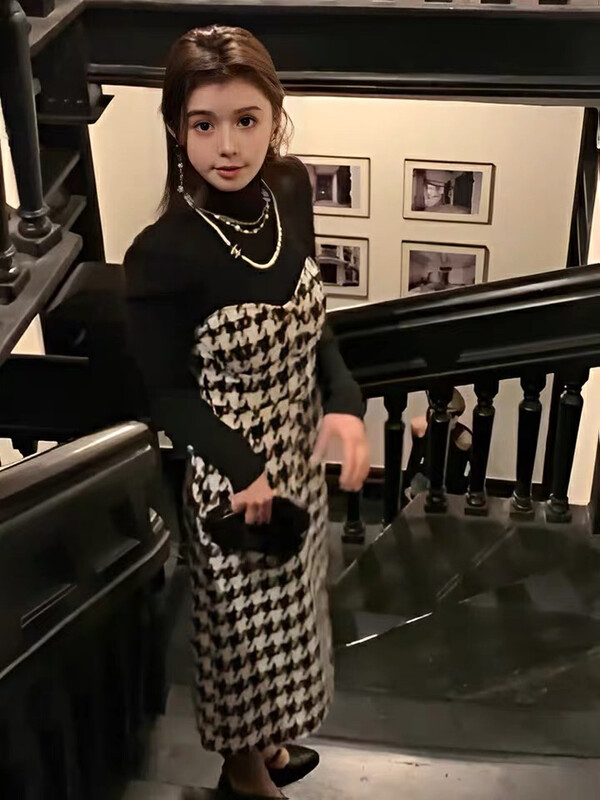 New for winter!  【L.L STUDIO】Light Cooked Puff Sleeve Knit Bottoming Shirt + Houndstooth Sling Dress Set 78245# PCZ