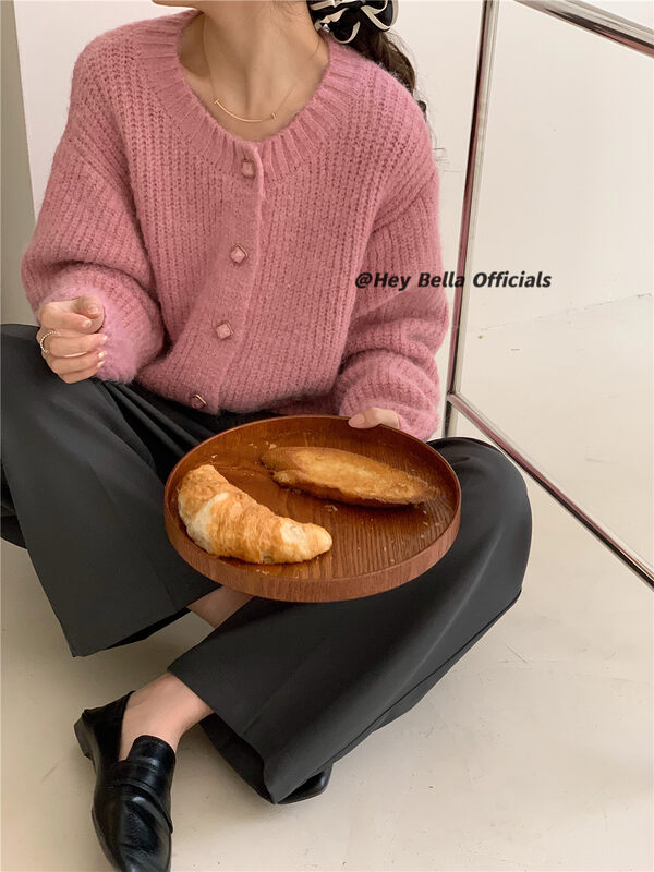 New in autumn!【HEY BELLA】Solid color round neck single-breasted comfortable warm sweater B9332# L