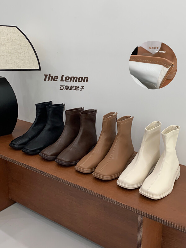[Lemon Green Tea] Korean Fashion Square Head Retro Slim Short Boots TM-030