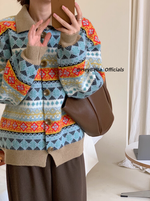 New in winter!【HEY BELLA】 Thick retro jacquard long-sleeved warm sweater 9289# L