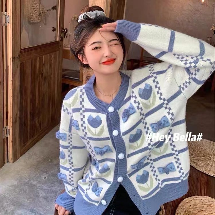 【HEY BELLA】Bow knot fresh and loose casual knitted cardigan H1935# L