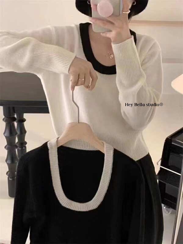 New in winter!【HEY BELLA】Korean version of comfortable contrasting color versatile warm sweater 9633# L