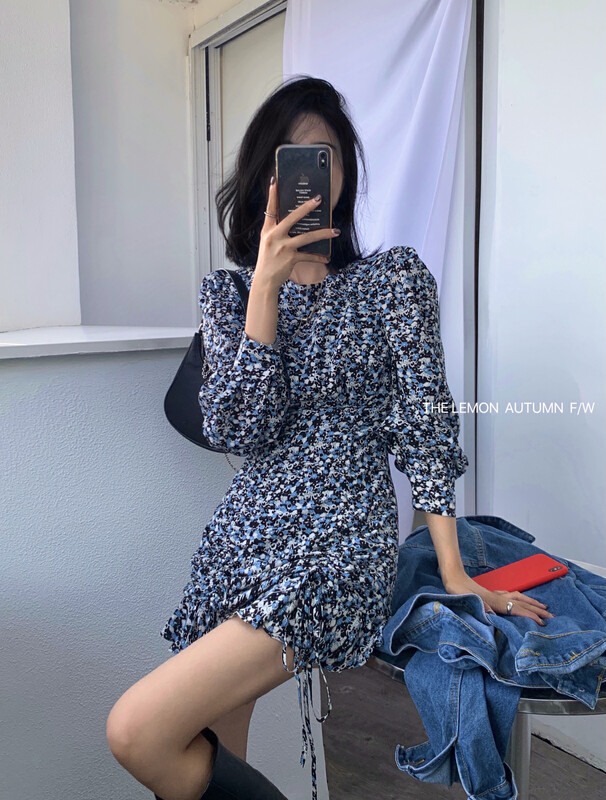 [Lemon Green Tea] Korean Temperament Floral Drawstring Dress 2369