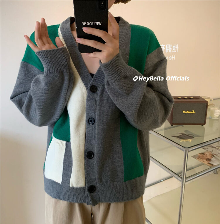 New in autumn!【HEY BELLA】V-neck single-breasted color-blocking comfortable knitted cardigan BB9369# L