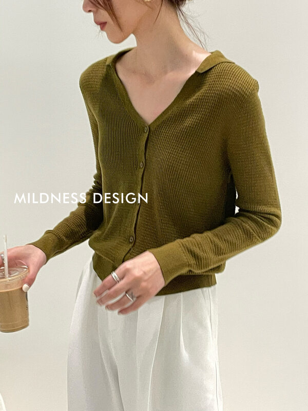 New in early autumn!【MILDNESS】Waffle lapel solid color knitted sweater (content 6% wool) 81001# FHX
